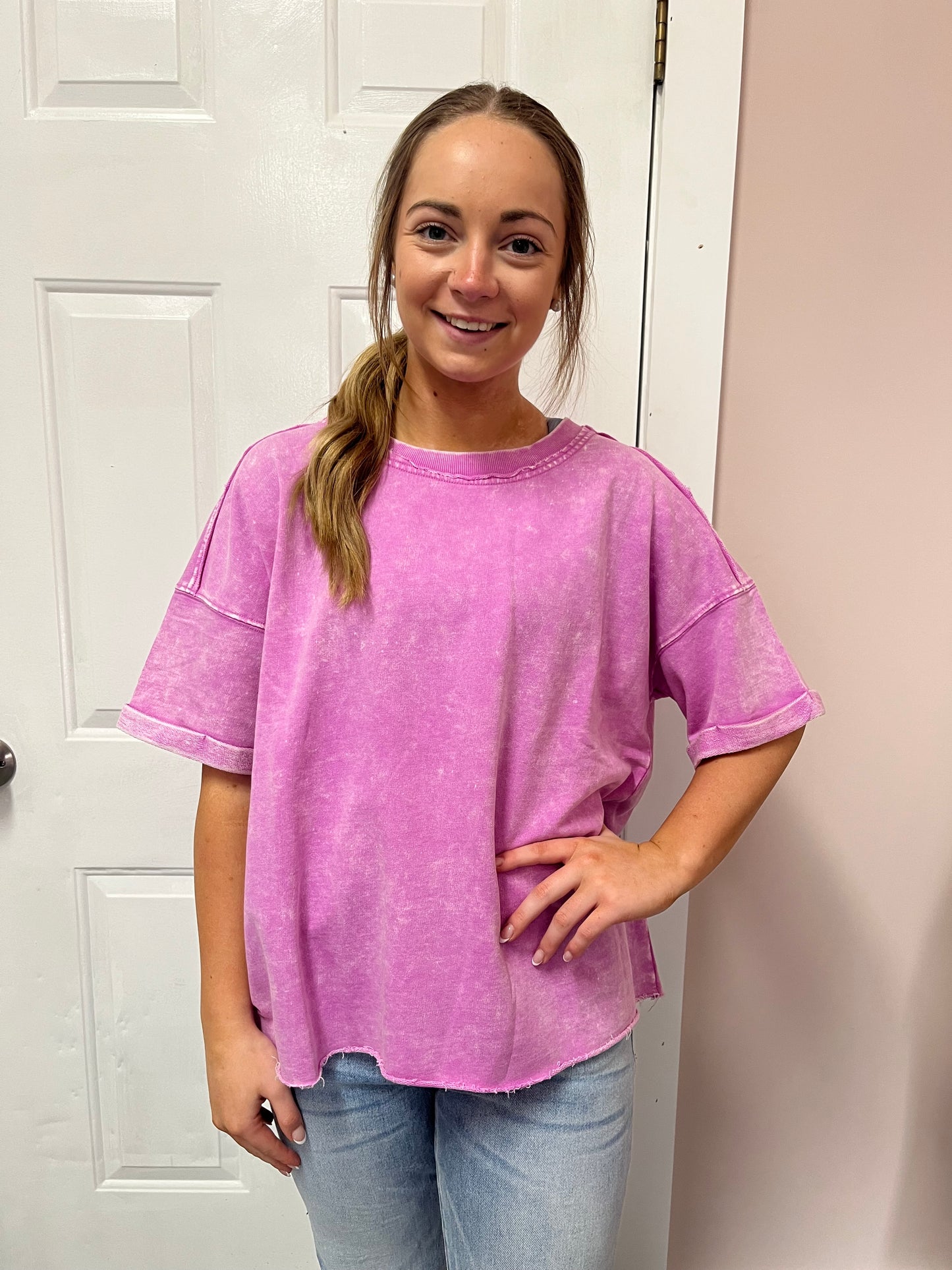 Bright Mauve Acid Washed Frayed Top