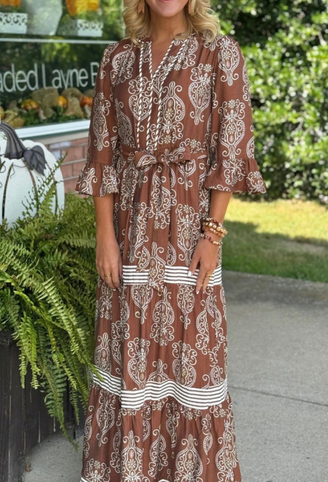 PRE-ORDER Brown Floral Print Striped Trim Tiered Maxi Dress