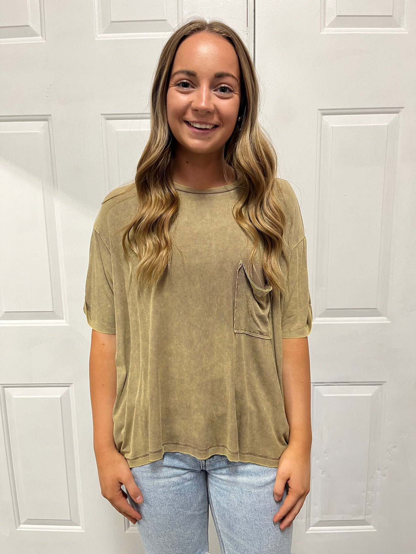 Olive Ribbed W/ Pocket Top