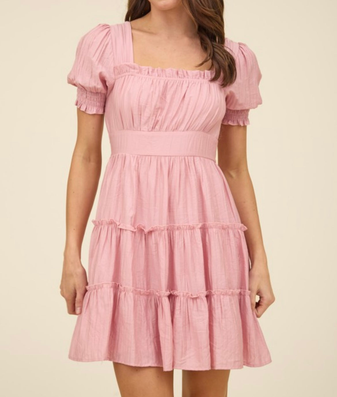 Pink Square Neck Smocked Mini Dress