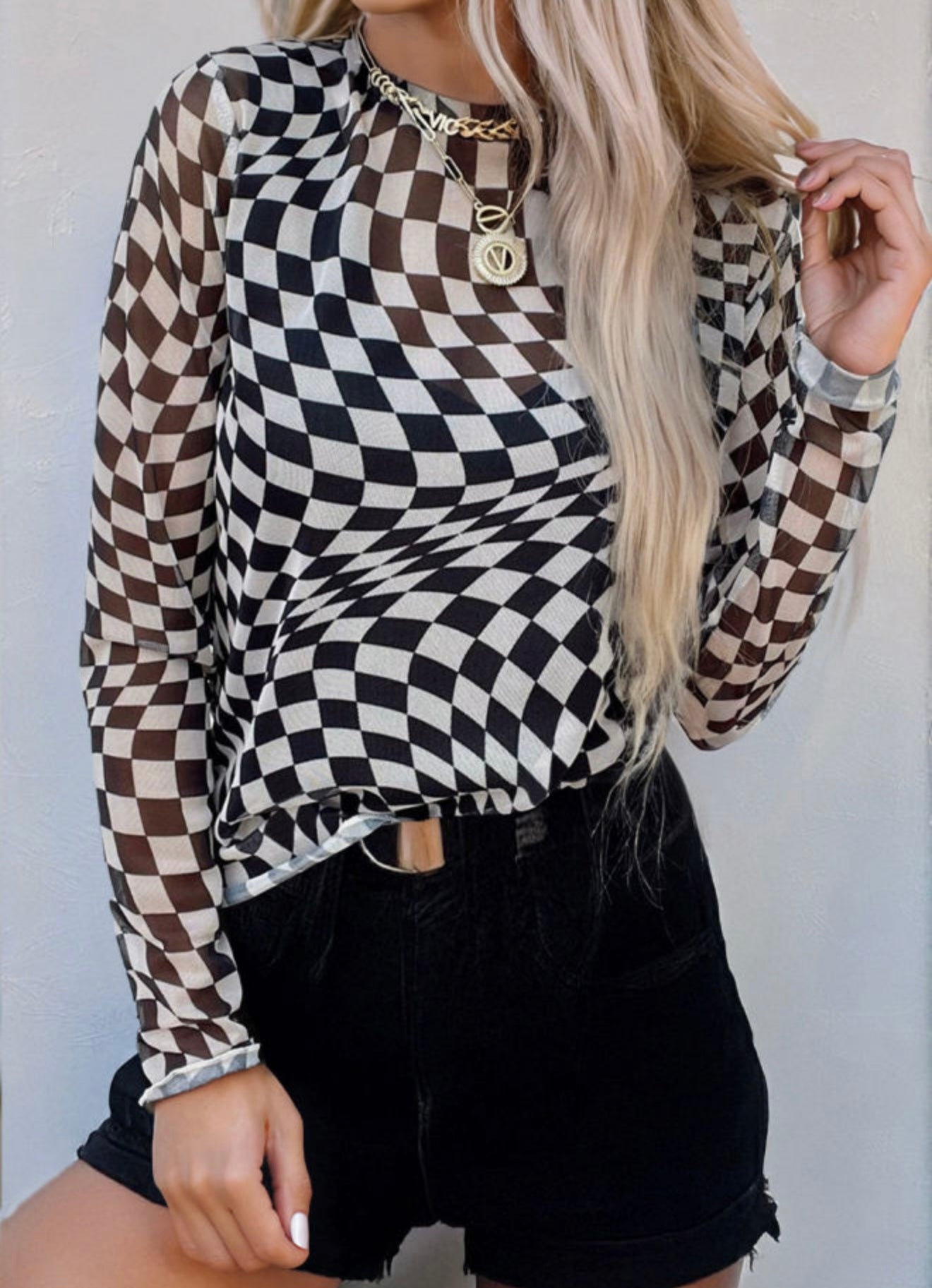 Black Checkered Mesh Top
