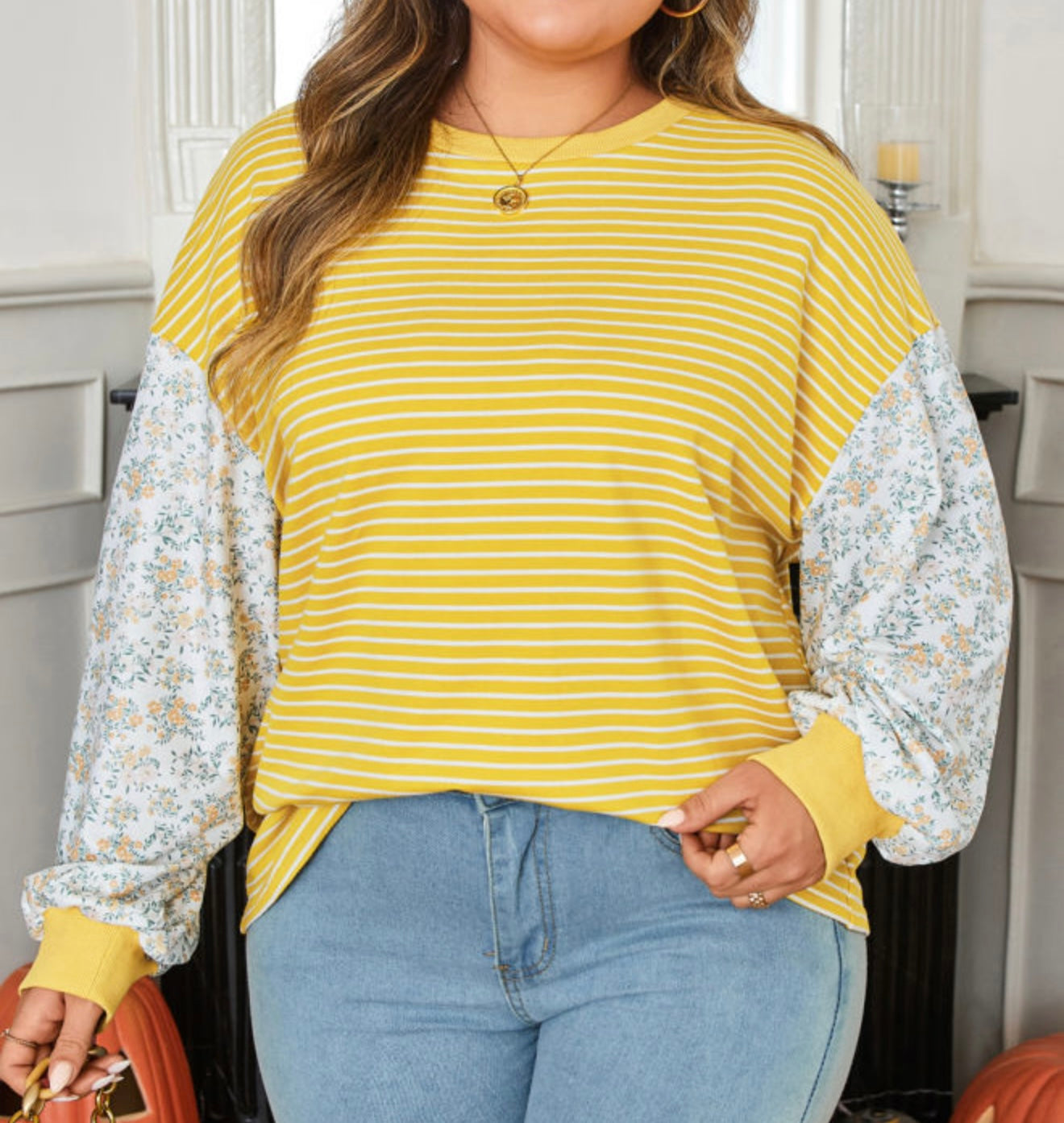 Curvy Yellow Stripe Floral Sleeve Loose Fit Top