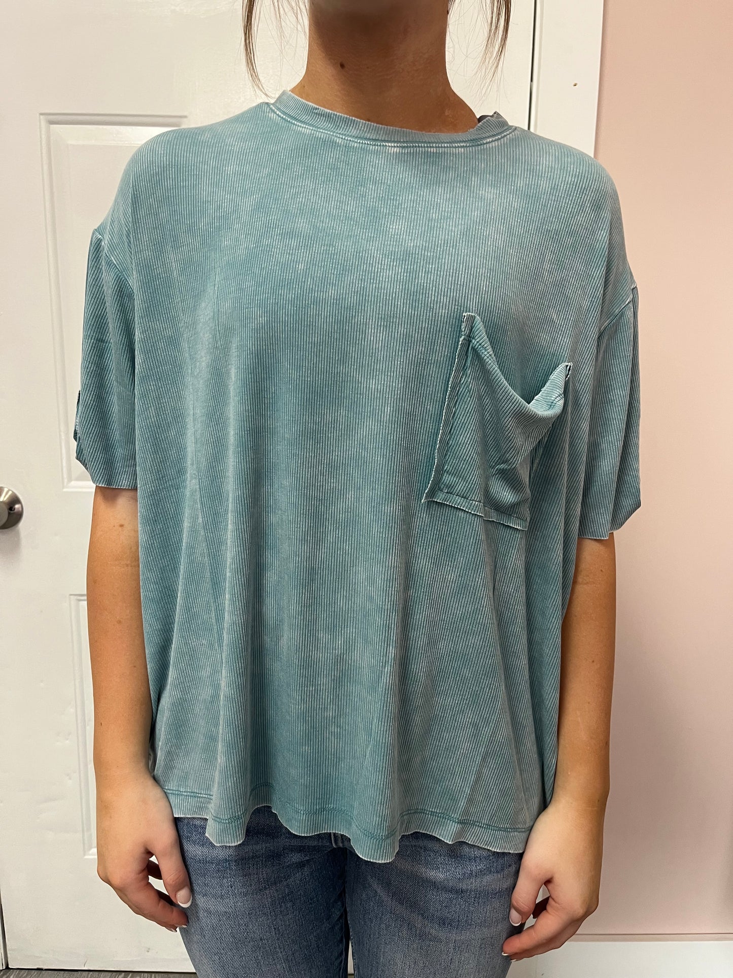 Dusty Teal Washed Ribbed Top