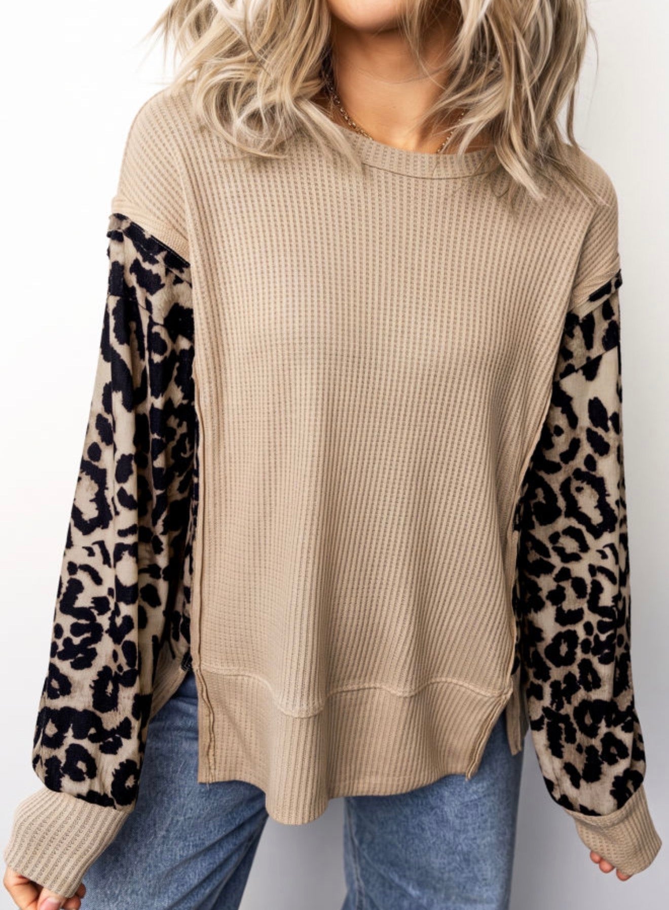 Grey Leopard Waffle Top-Pre/Order