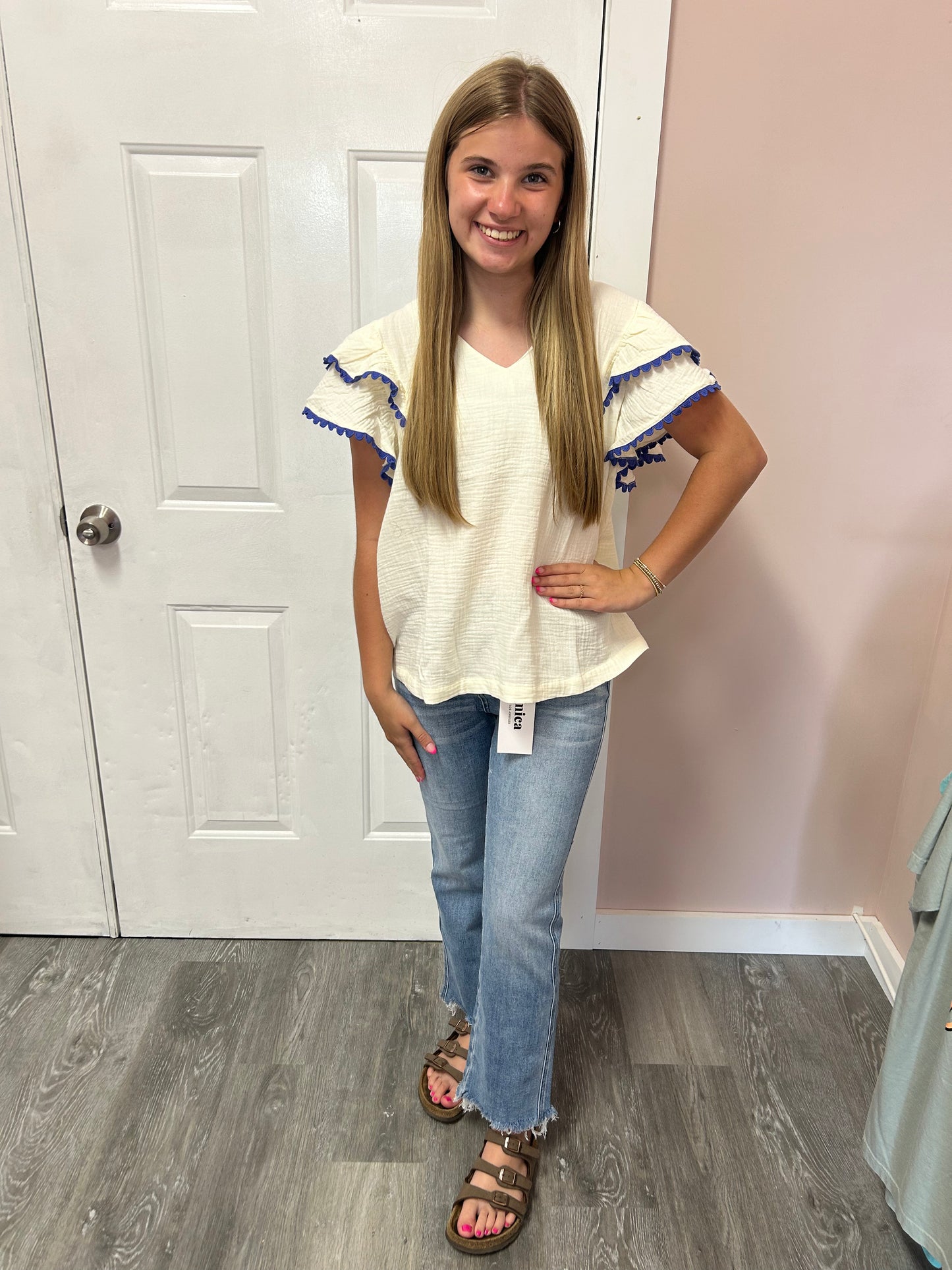 Off White And Blue Accent Top