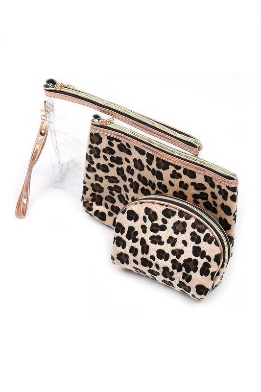 3 Piece Leopard Cosmetic Pouch Set