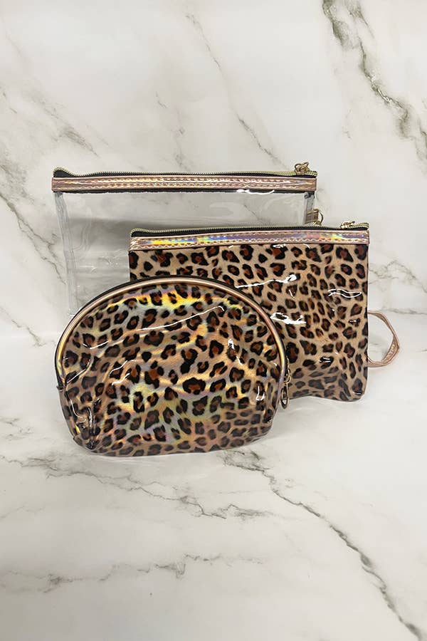 3 Piece Leopard Cosmetic Pouch Set