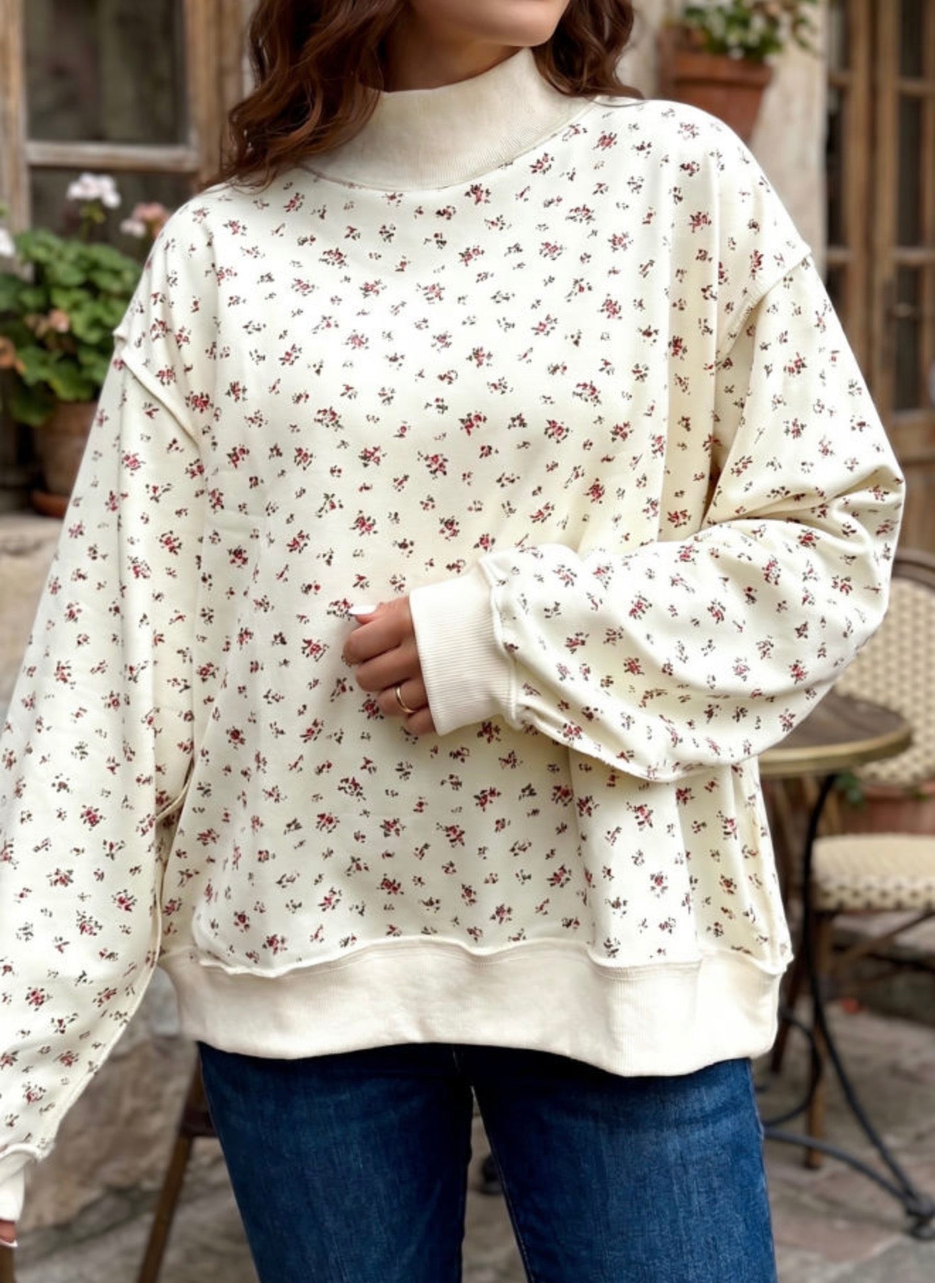 Beige Floral Mock Neck-Pre/Order