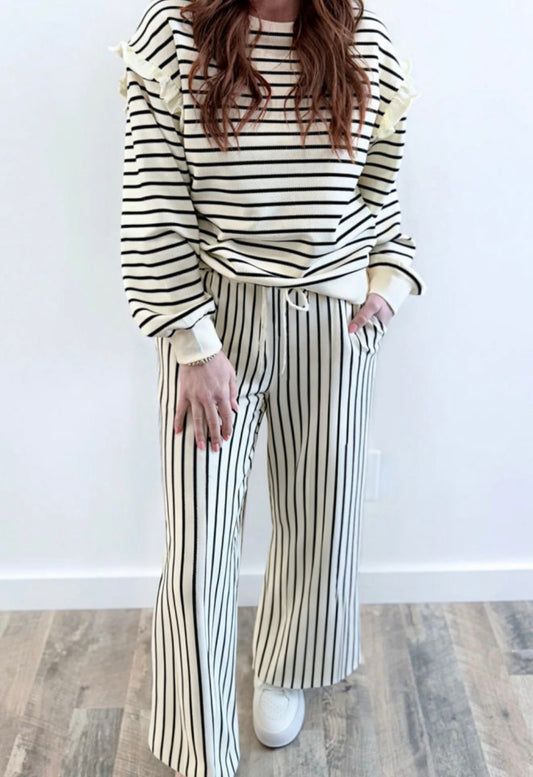 PRE-ORDER White Black Stripe Drop Shoulder Drawstring Loose Pant Set