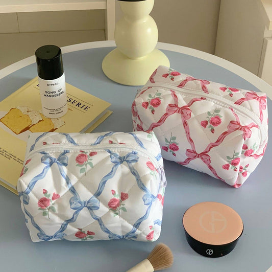 Quilted Cosmetic Floral Ribbon Makeup Bags - TORIN