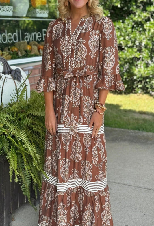 PRE-ORDER Brown Floral Print Striped Trim Tiered Maxi Dress