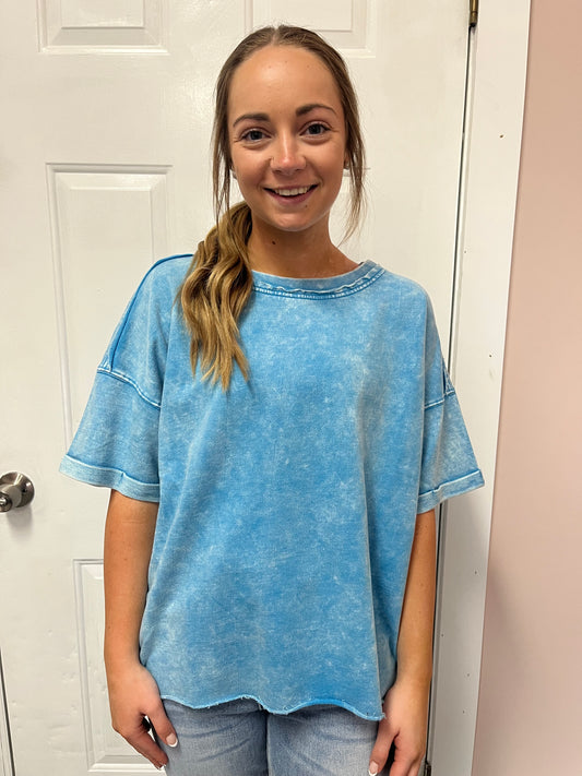 Deep Sky Acid Washed Frayed Top