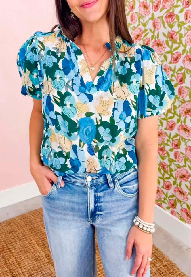 Sky Blue Floral Blouse-Pre/Order