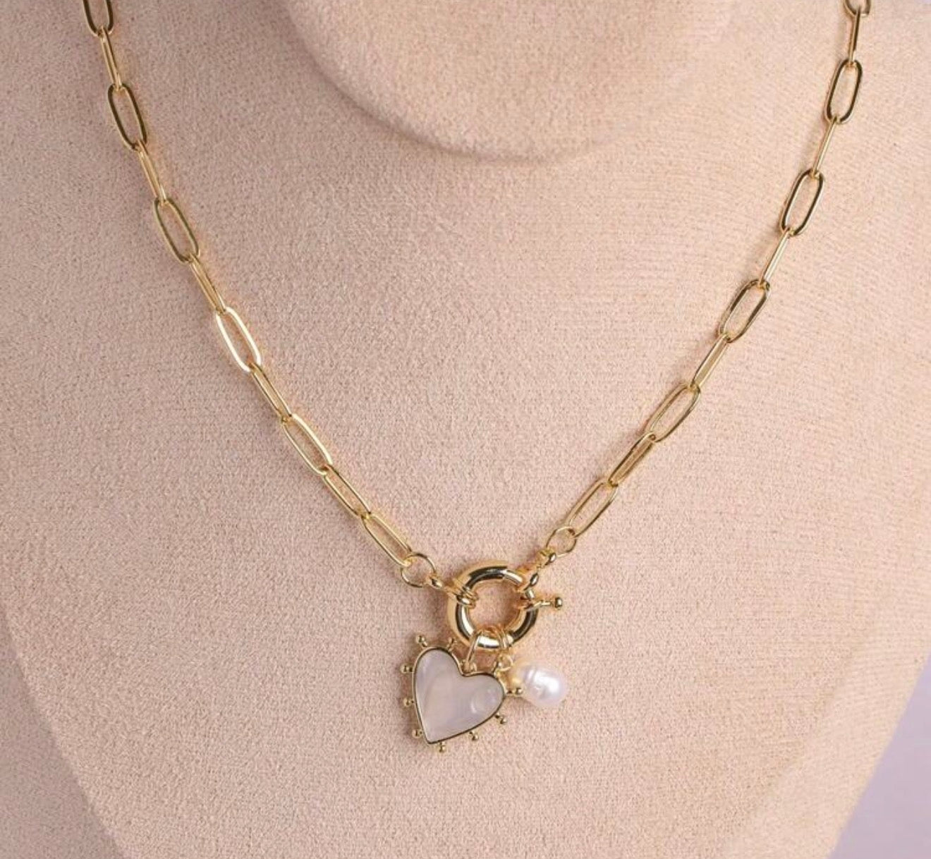 Pearl Heart Chain Link Necklace