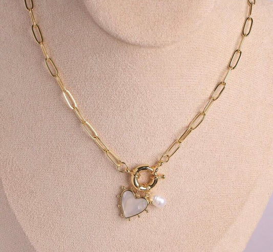 Pearl Heart Chain Link Necklace
