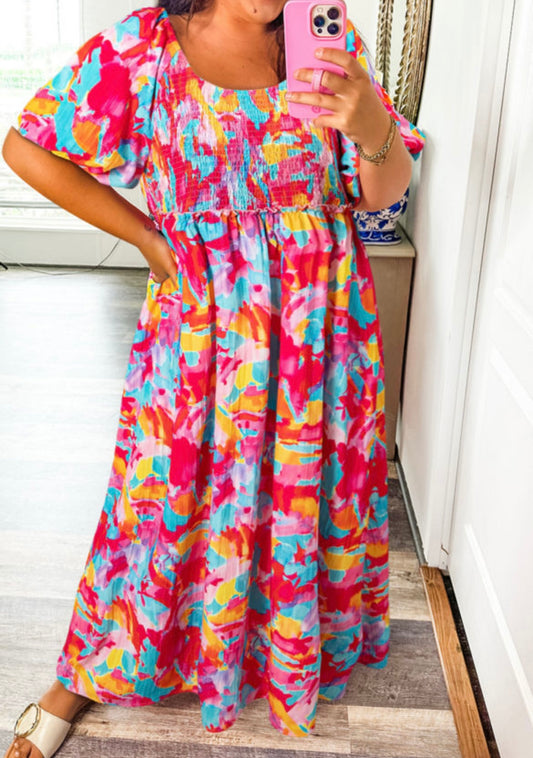 Plus Size Rose Abstract Puff Sleeve Dress