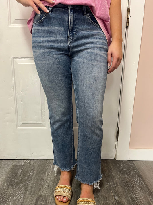 MICA Metallic Blue Raw Hem Cropped Jeans