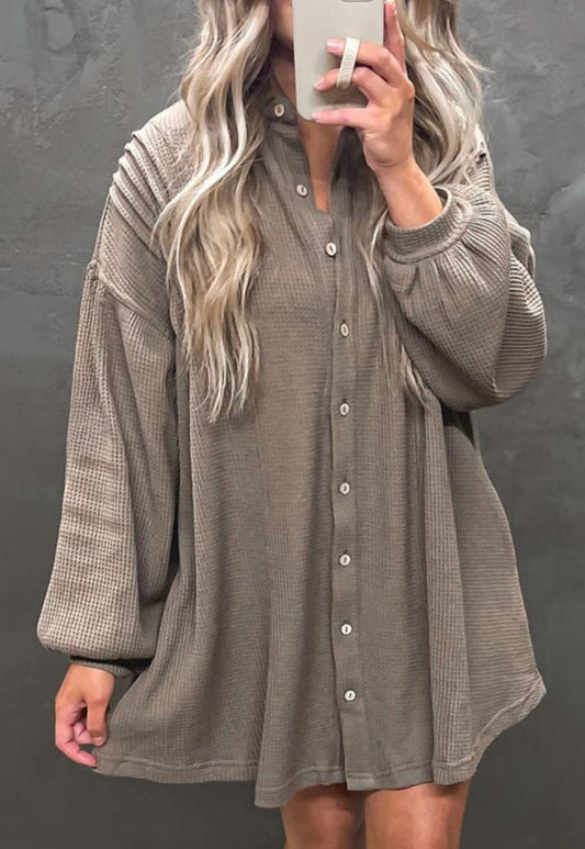 Simple Taupe Waffle Knit Shirt Tunic Dress