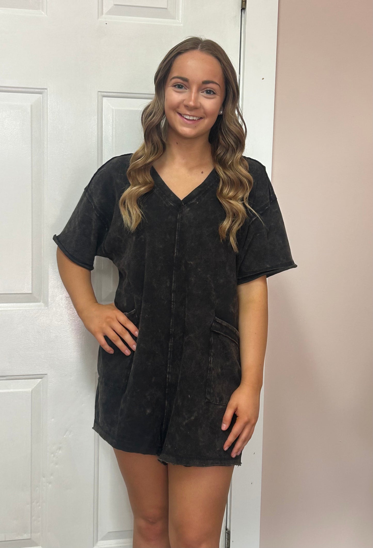 Black Acid Washed Romper
