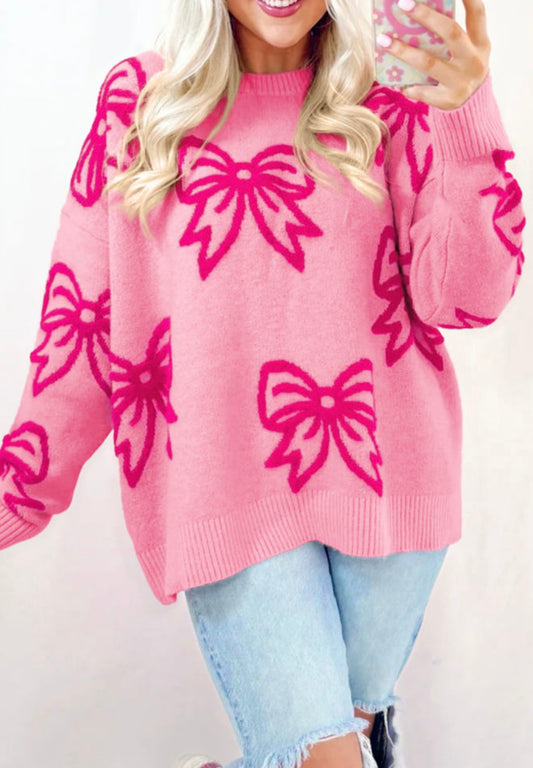 Pink Bow Patterned Drop Shoulder Sweater
