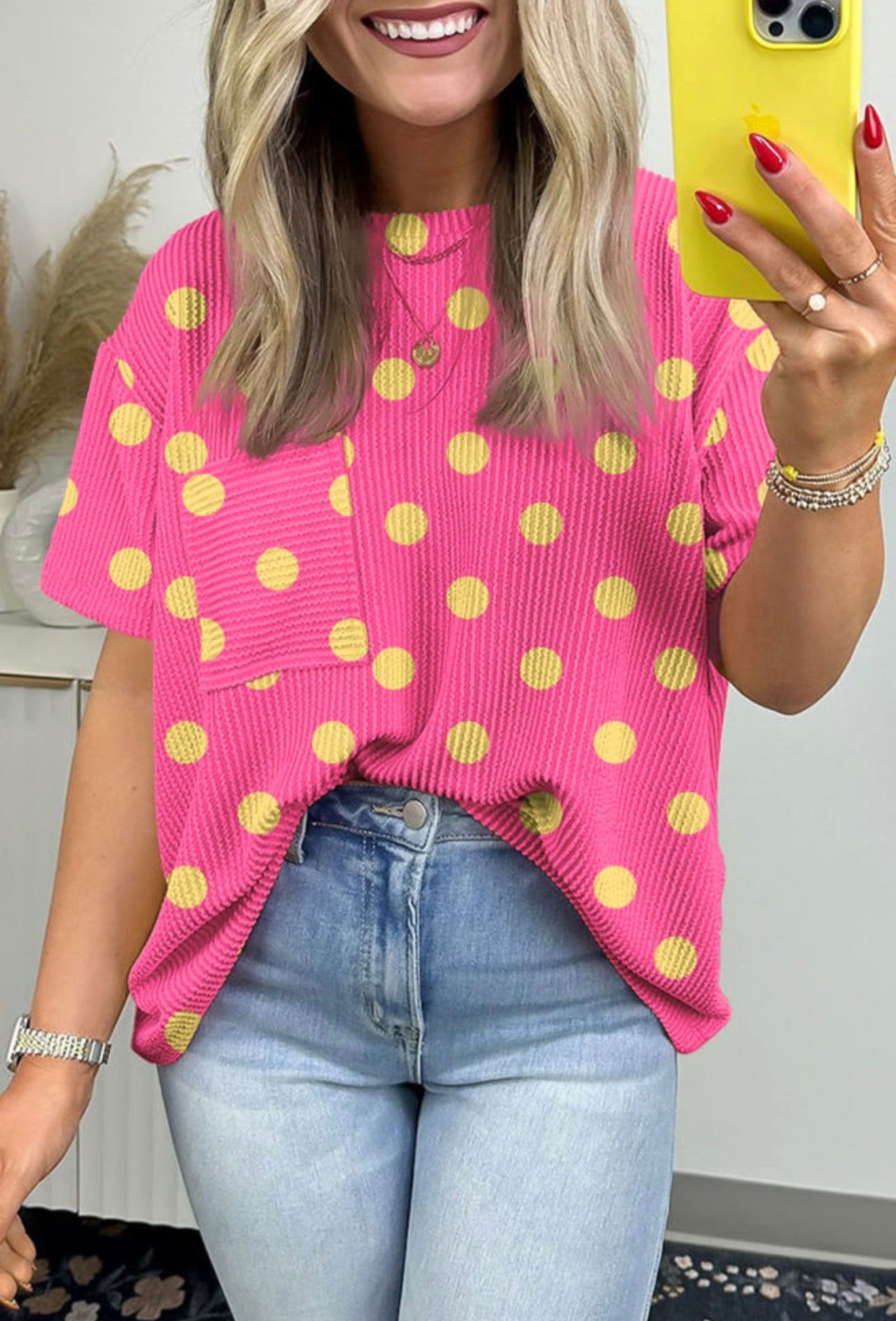 Polka Dot Patched Pocket Ribbed Top