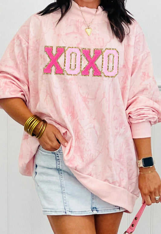 PRE-ORDER Pink Oversized XOXO Glitter Trim Patched Mock Neck Sweatshirt