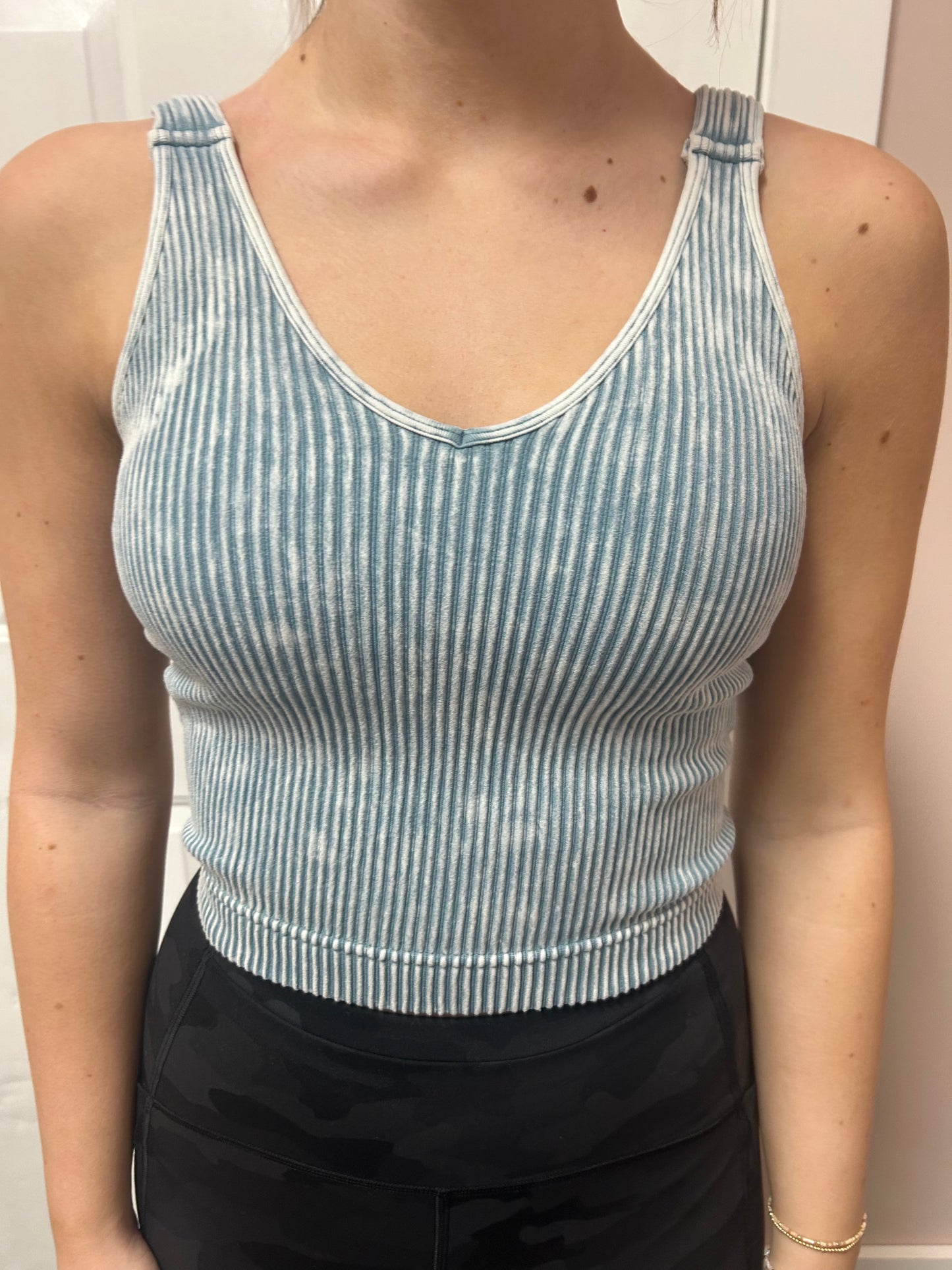 Washed Ribbed Seamless Padded Bra V-Neck Tank
