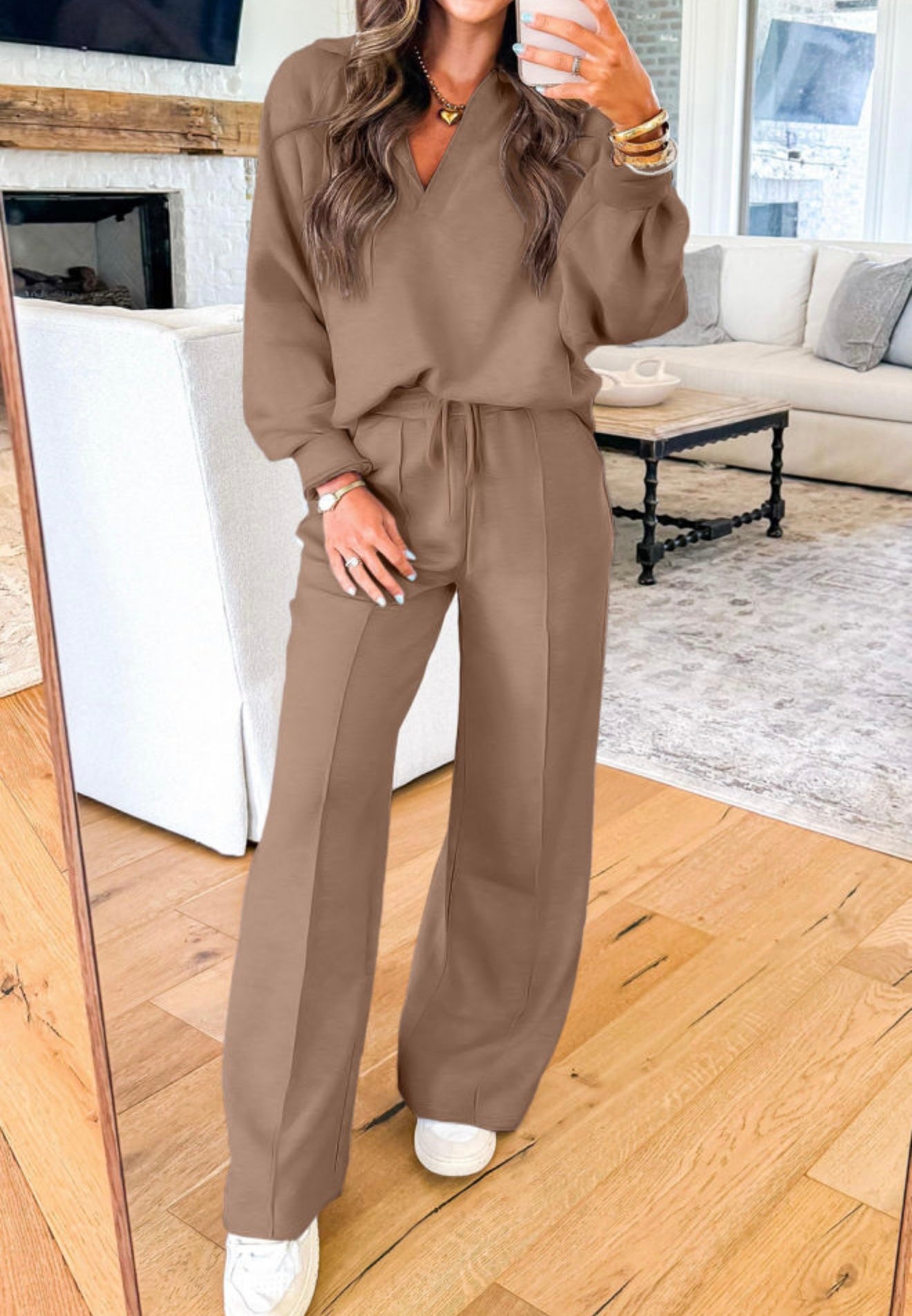 Dark Khaki Polo Collar V Neck Pullover And Sweatpants Set