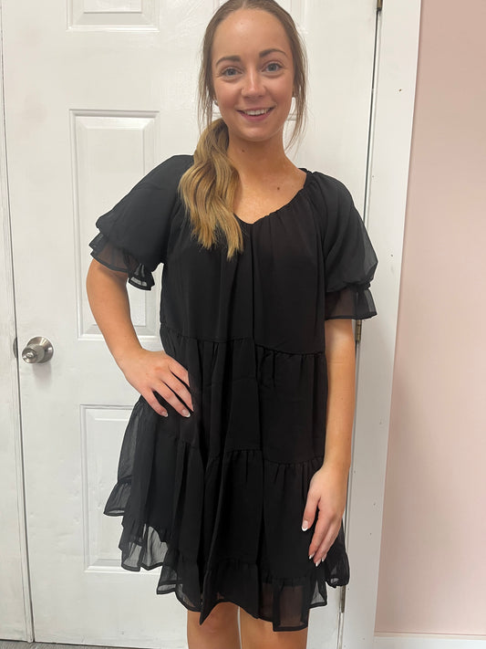 Black Puff Sleeve Tiered Dress