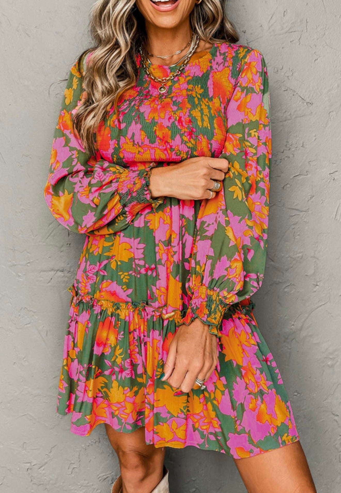 PRE-ORDER Multicolor Floral Print Long Sleeve Smocked Ruffled Mini Dress