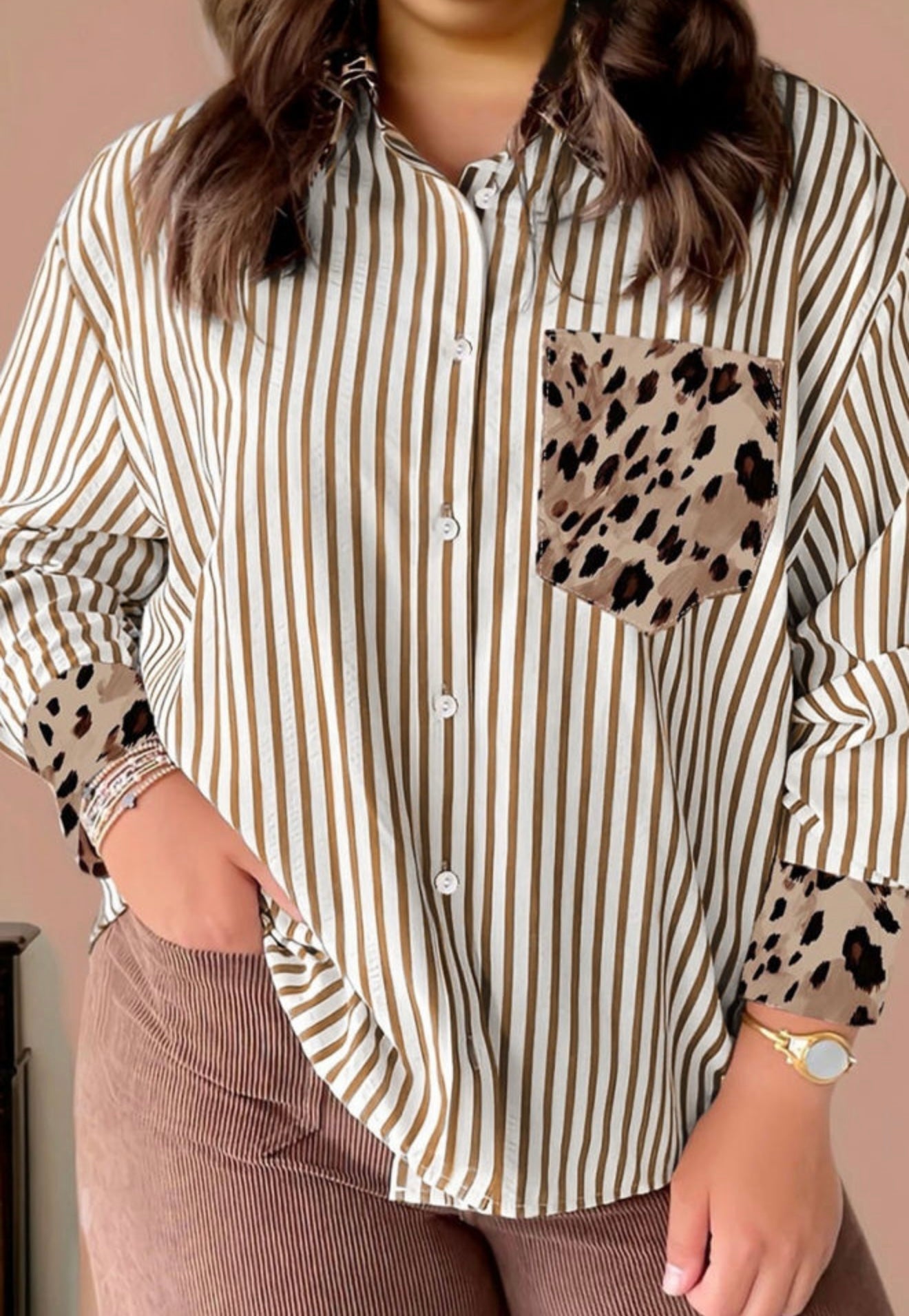 PRE-ORDER~CURVY Brown Stripe Leopard Patched Collared Chest Pocket Long Sleeve Top