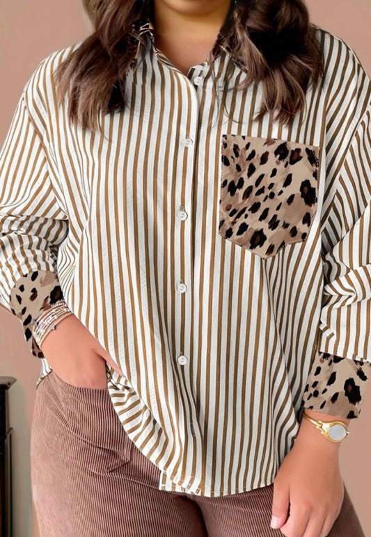 PRE-ORDER~CURVY Brown Stripe Leopard Patched Collared Chest Pocket Long Sleeve Top