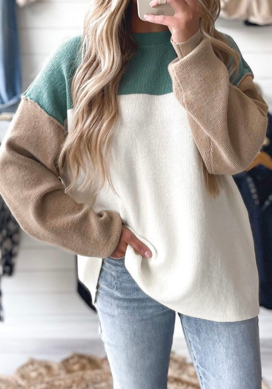 Green Colorblock Baggy Sweater