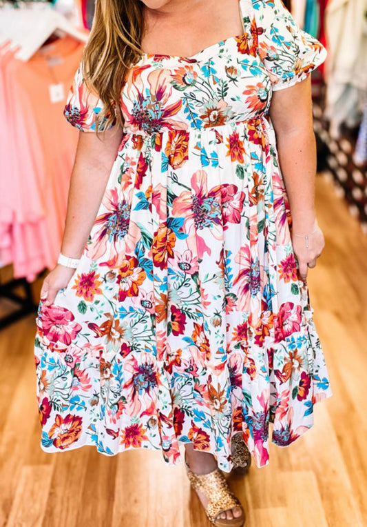 PRE-ORDER~CURVY Floral Square Neck Puff Sleeve MIDI Dress