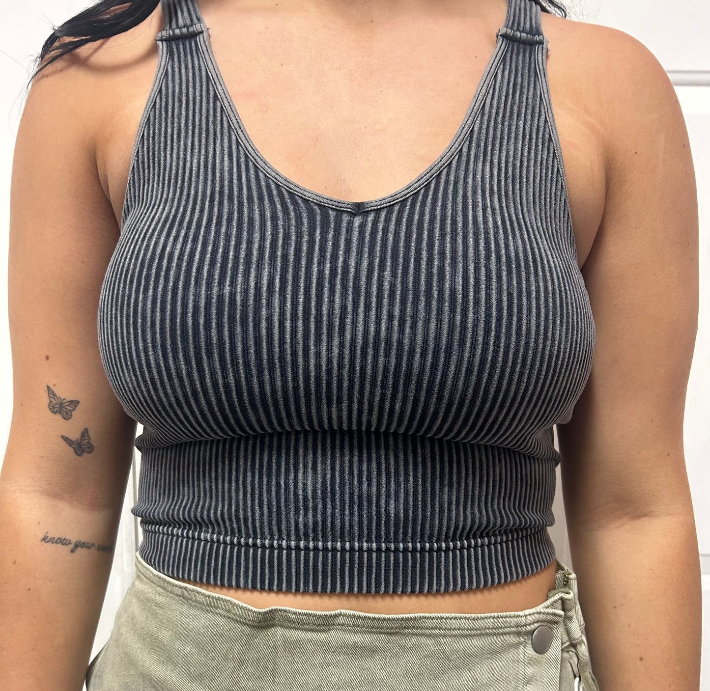 Washed Ribbed Seamless Padded Bra V-Neck Tank