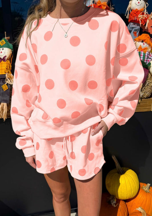 Pink Polka Dot Print Drop Shoulder Pullover Shorts Set