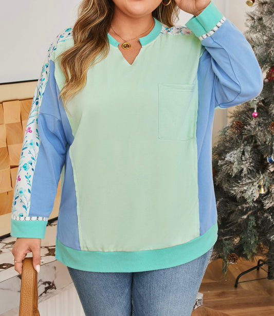 Curvy Green Colorblock Patchwork Top