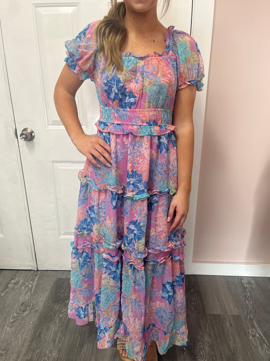 Floral Print Ruffled Puff Sleeve Midi Dress