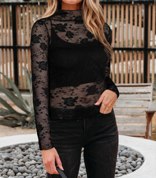 Black Sheer Floral Lace Mesh Top