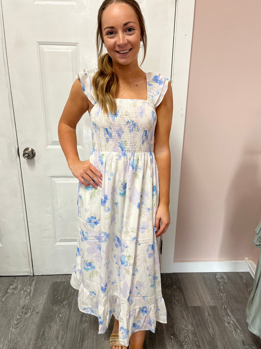 Sky Blue Floral Smocked Dress
