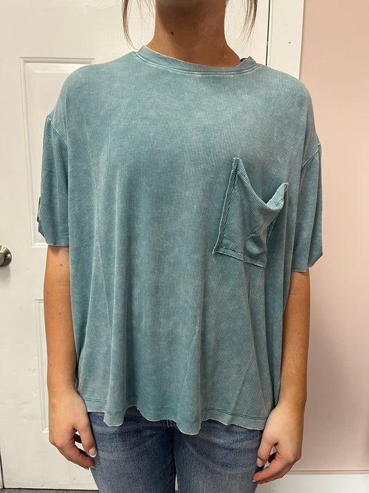 Dusty Teal Washed Ribbed Top