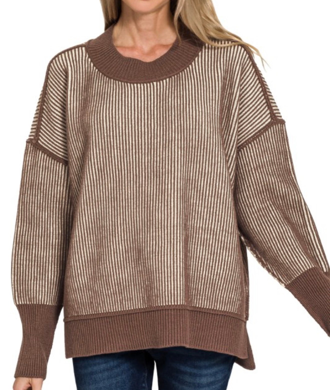 Zenana Exposed Seam Two Toned Sweater