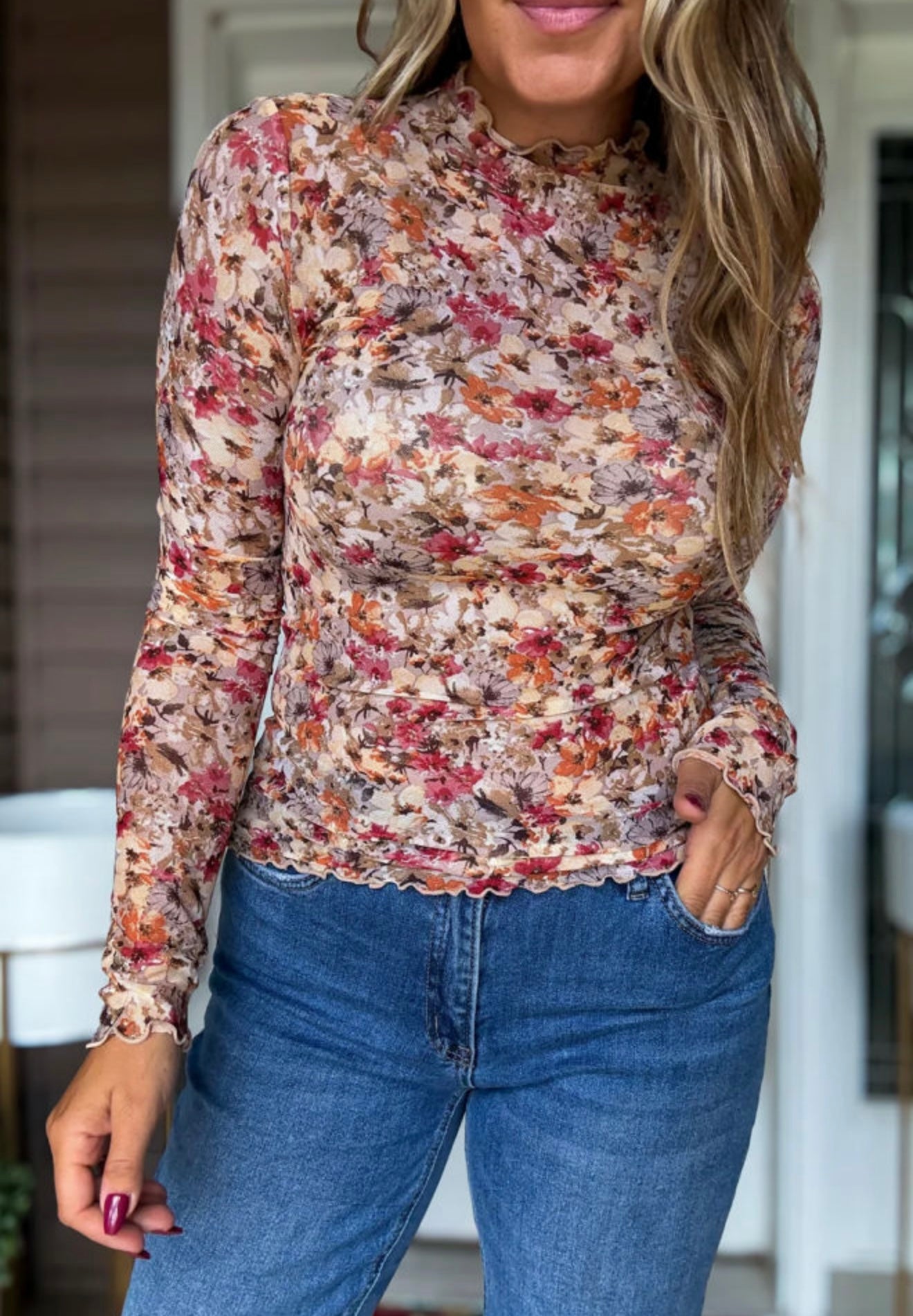 PRE-ORDER Red Trim Floral Print Mesh Long Sleeve Top