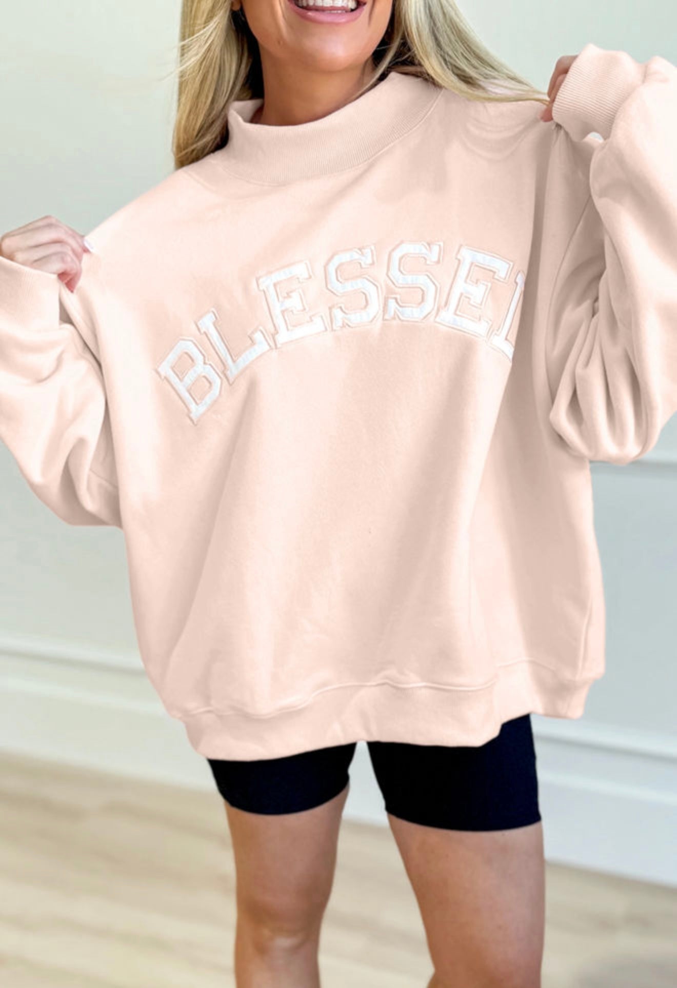 PRE-ORDER Light Pink Oversized Blessed Embroidered Mock Neck Sweatshirt