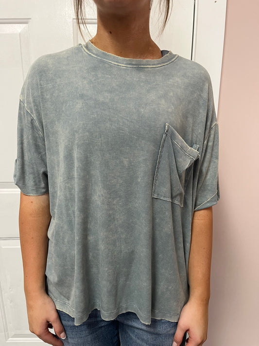 Blue Grey Washed Ribbed Top
