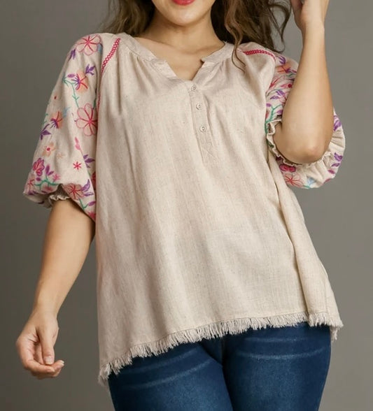 Plus Size Oatmeal Floral Blouse