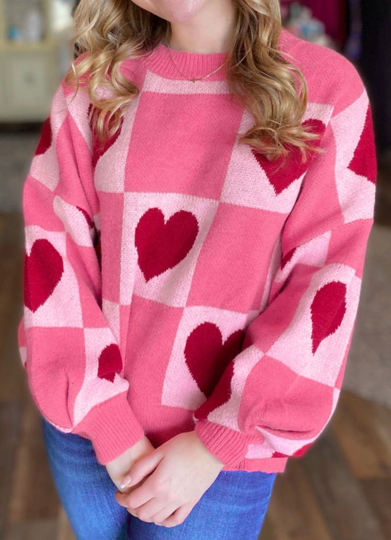 Pink Love Heart Checkered Sweater