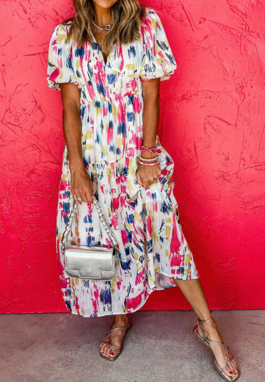 Rose Abstract Tiered Maxi Dress