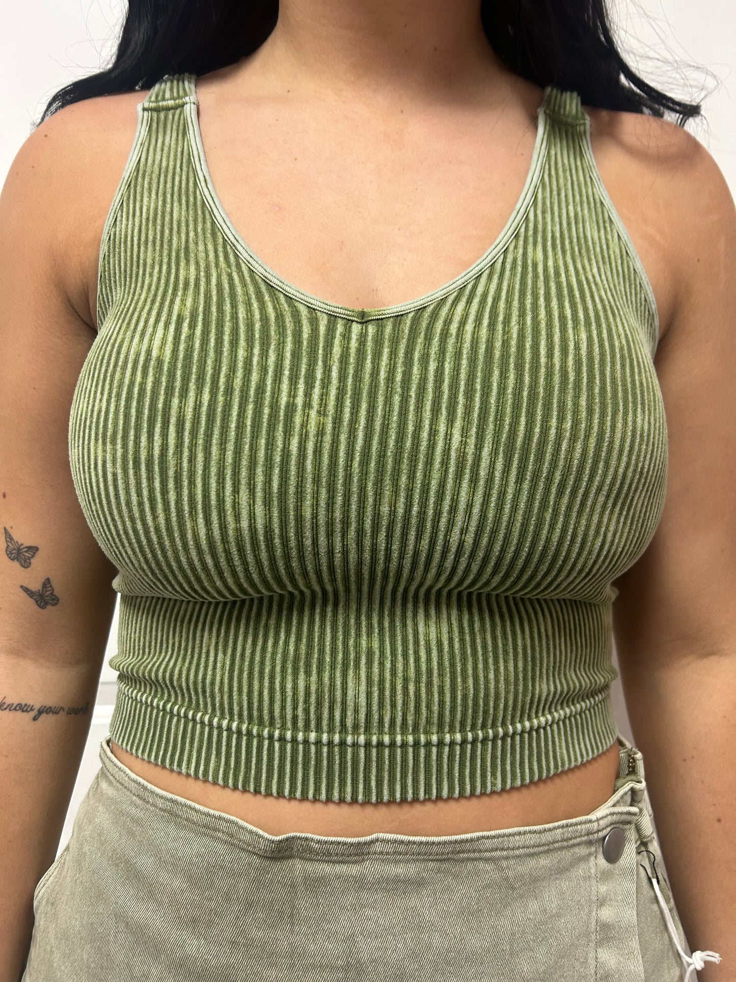 Washed Ribbed Seamless Padded Bra V-Neck Tank