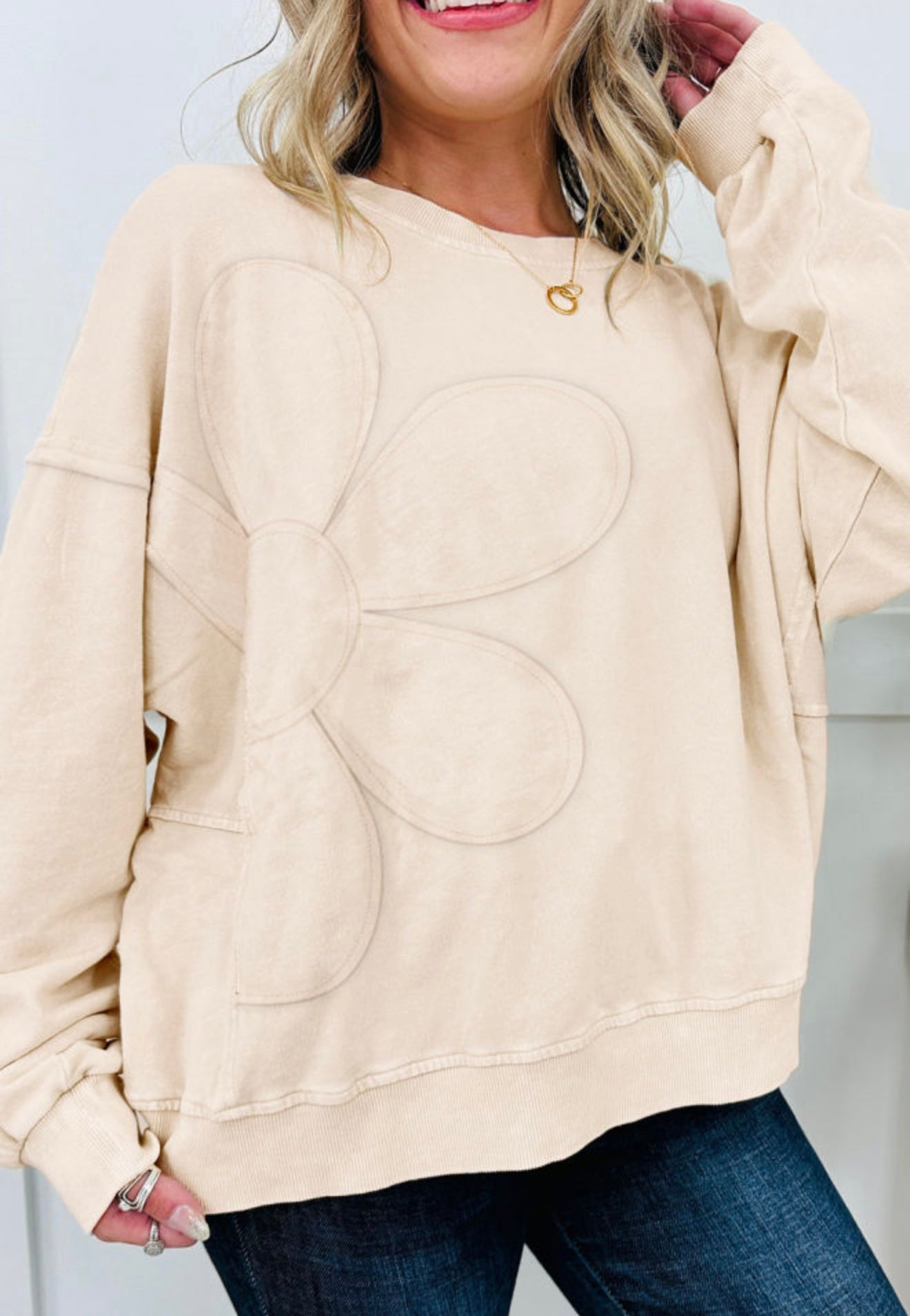 PRE-ORDER~CURVY Beige Flower Patched Mineral Wash Top